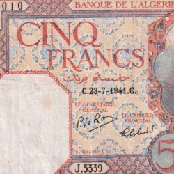 Algérie - Pick 77b - 5 francs - Série J.5339 - 23/07/1941 - Etat : TB