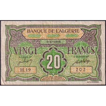 Algérie - Pick 103 - 20 francs - Série H.19 - 04/06/1948 - Etat : TB