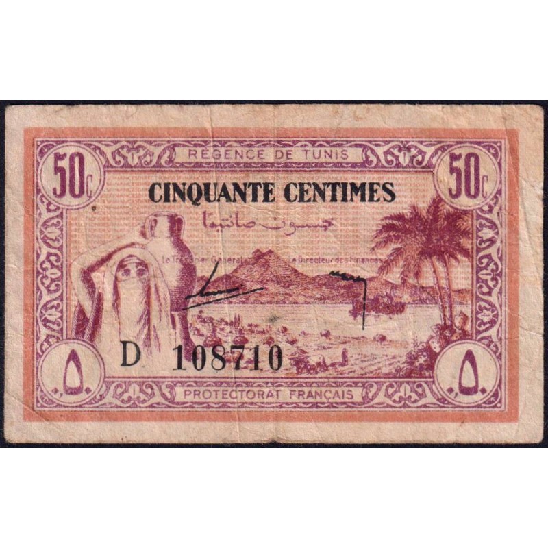 Régence de Tunis - Pick 54 - 50 centimes - Série D - 15/07/1943 - Etat : TB-