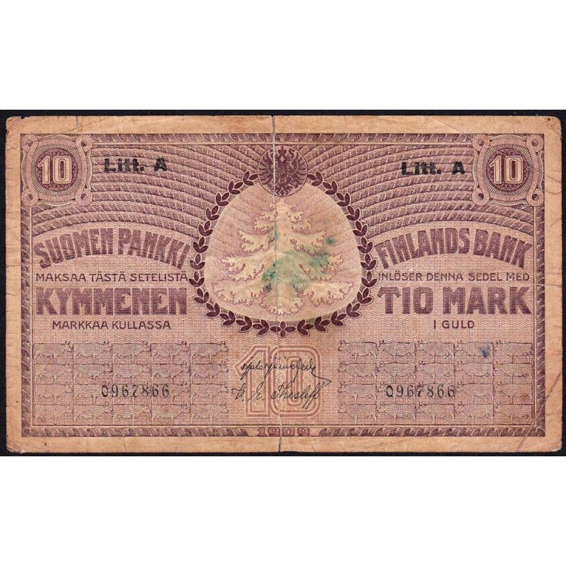 Finlande - Pick 25_5 - 10 markkaa kullassa - Litt. A - 1909 (1918) - Etat : B-