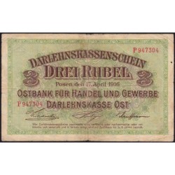 Allemagne - Emission de Posen (Pologne) - Pick R 123b - 3 rubel - Série P - 17/04/1916 - Etat : TB-