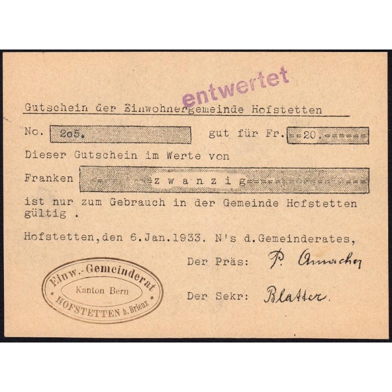 Suisse - Commune de Hofstetten - 20 francs - Type 1 - 06/01/1933 - Annulé - Etat : SPL