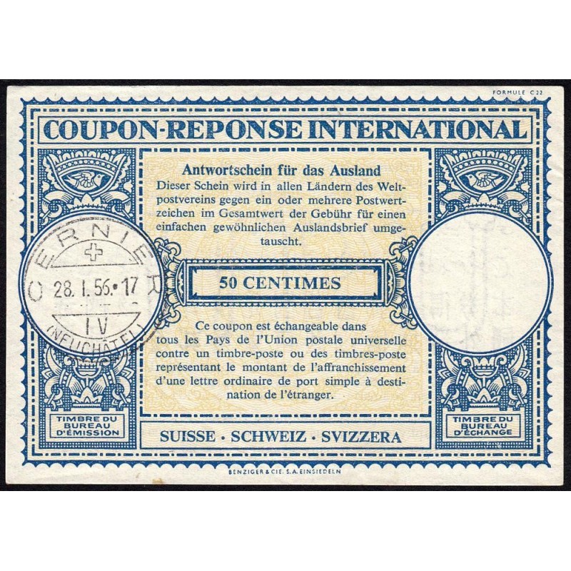 Suisse - Coupon-réponse international - 50 centimes - 28/01/1956 - Etat : TTB+