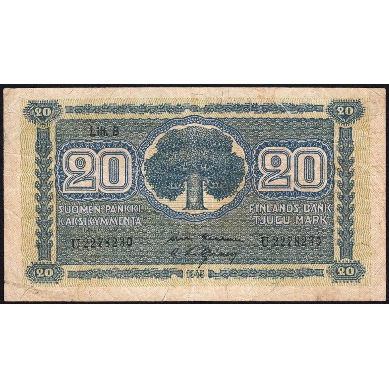 Finlande - Pick 86_24 - 20 markkaa - Litt. B - Série U - 1945 (1948) - Etat : TB-