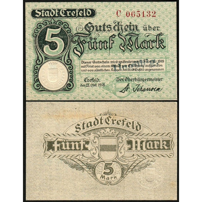 Allemagne - Notgeld - Crefeld - 5 mark - Série C - 21/10/1918 - Annulé - Etat : SUP+