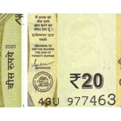 Inde - Pick 110b_1 - 20 rupees - Série 43U - Sans lettre - 2020 - Etat : NEUF