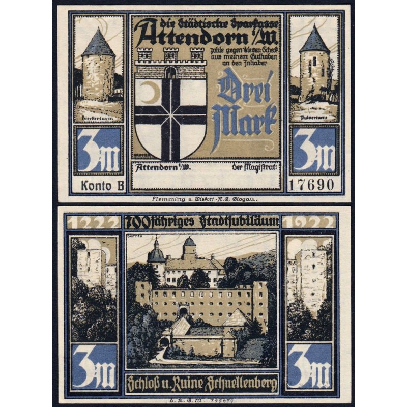 Allemagne - Notgeld - Attendorn - 3 mark - Série B - 1922 - Etat : NEUF