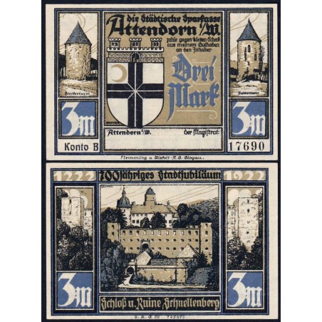 Allemagne - Notgeld - Attendorn - 3 mark - Série B - 1922 - Etat : NEUF