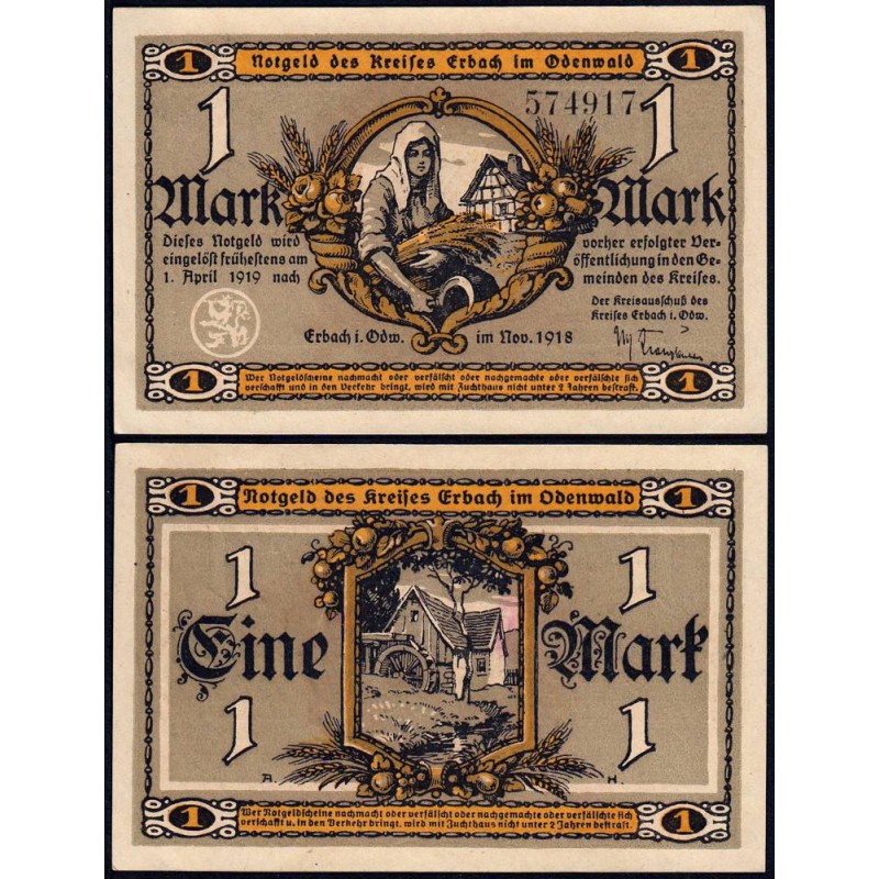 Allemagne - Notgeld - Erbach im Odenwald - 1 mark - 11/1918 - Etat : SPL