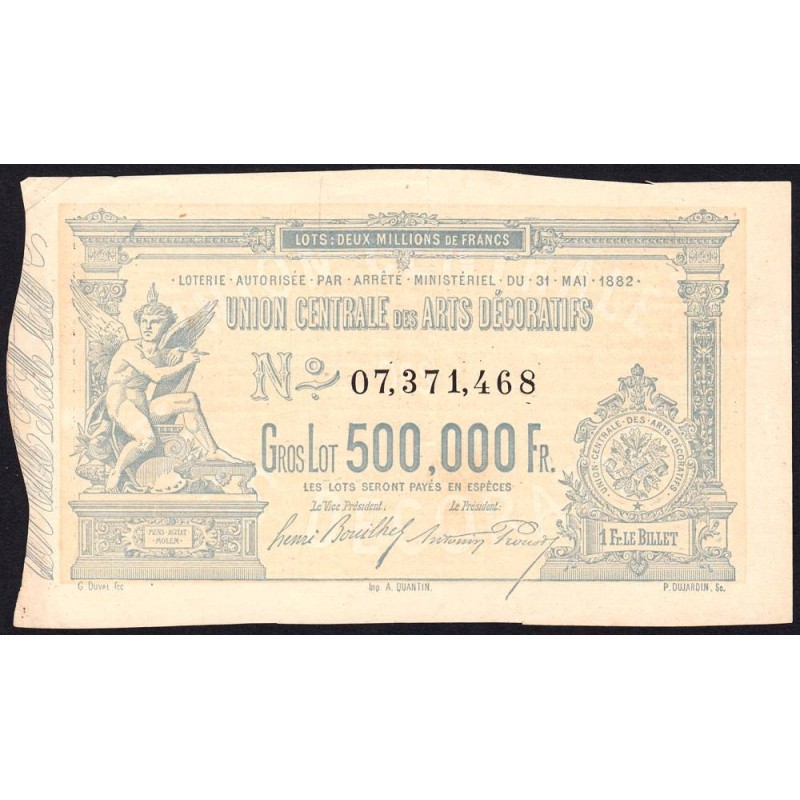 1882 - Paris - Loterie - Union Centrale des Arts Décoratifs - 1 franc - Etat : SUP