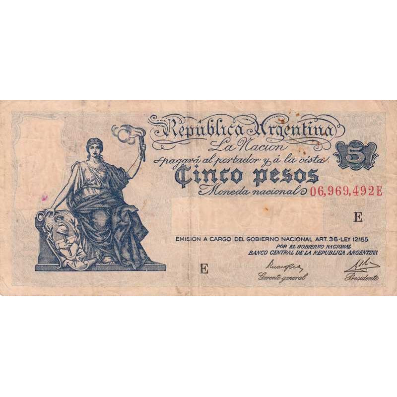Argentine - Pick 252_3 - 5 pesos - Série E - 1946 - Etat : TB+