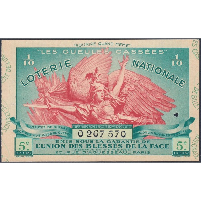 1937 - Loterie Nationale - 5e tranche - 1/10ème - Gueules cassées - Etat : TTB+