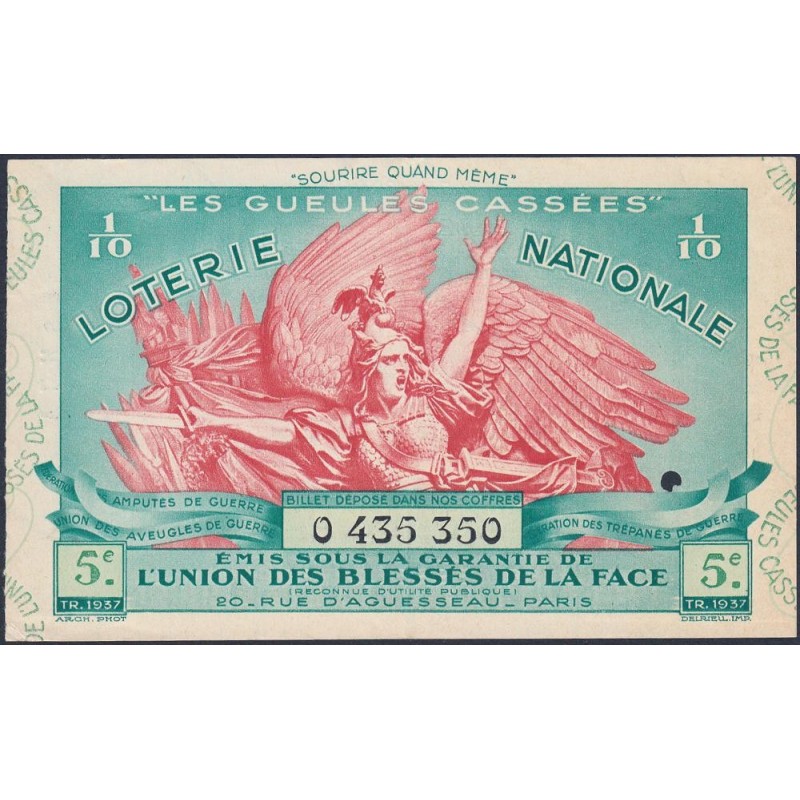 1937 - Loterie Nationale - 5e tranche - 1/10ème - Gueules cassées - Etat : TTB+