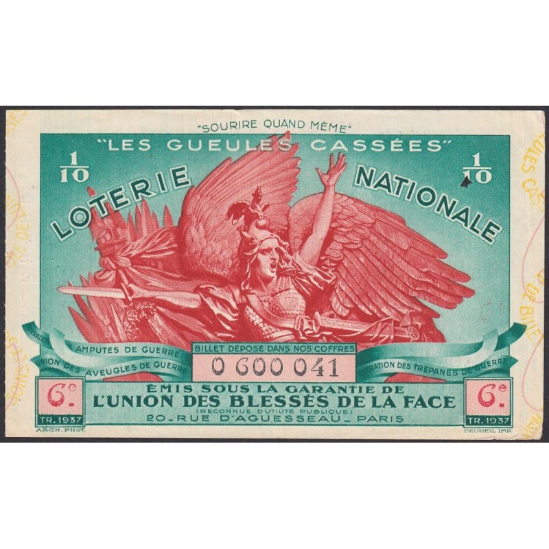 1937 - Loterie Nationale - 6e tranche - 1/10ème - Gueules cassées - Etat : TTB
