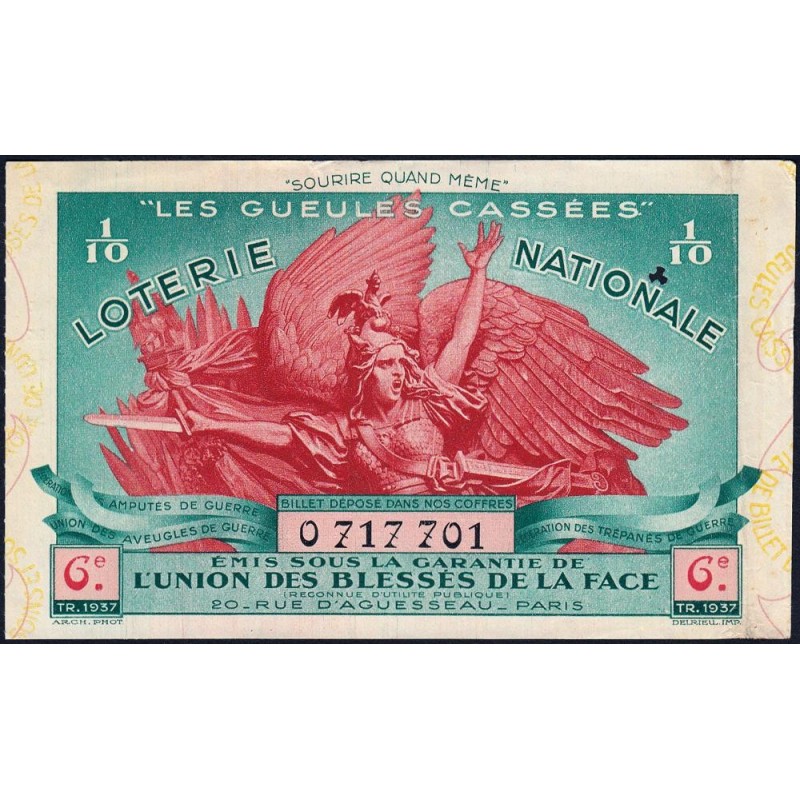 1937 - Loterie Nationale - 6e tranche - 1/10ème - Gueules cassées - Etat : TTB