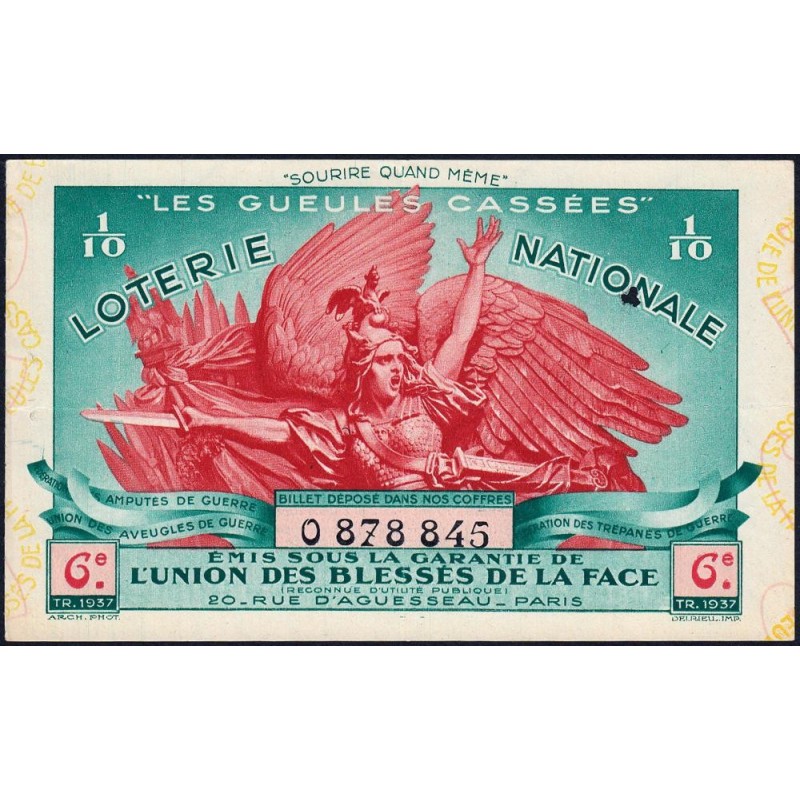 1937 - Loterie Nationale - 6e tranche - 1/10ème - Gueules cassées - Etat : TTB+