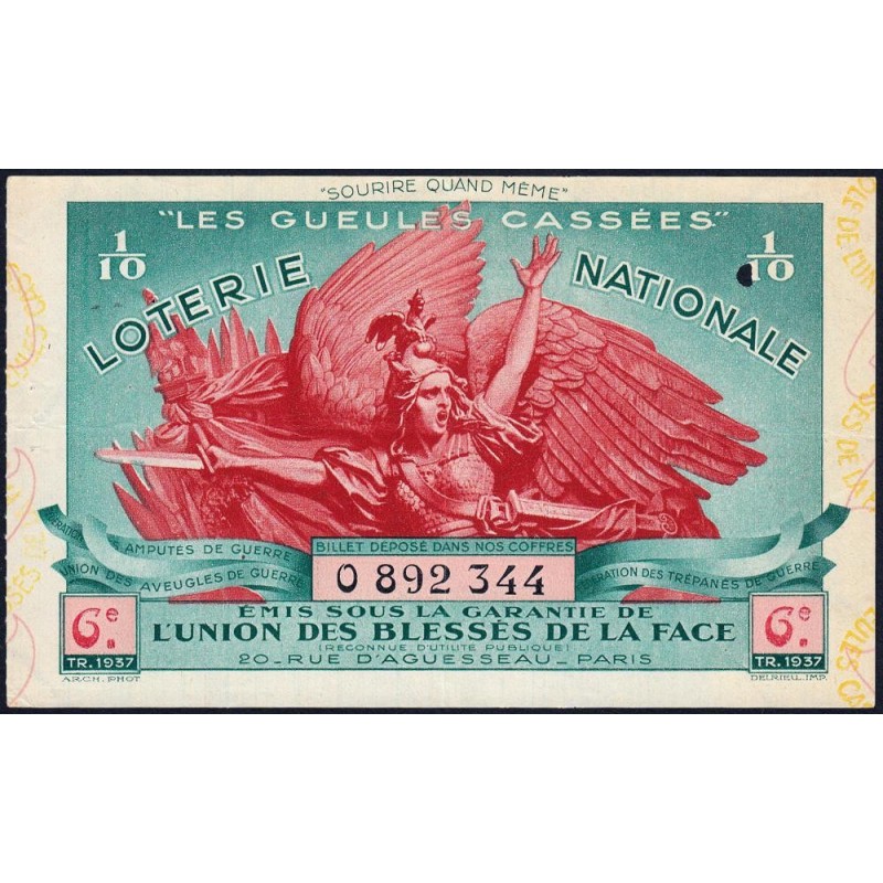 1937 - Loterie Nationale - 6e tranche - 1/10ème - Gueules cassées - Etat : TTB+