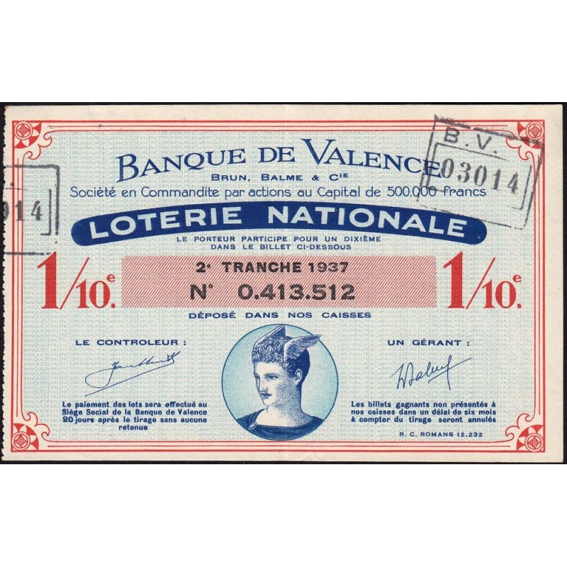 1937 - Loterie Nationale - 2e tranche - 1/10ème - Banque de Valence - Etat : TTB+