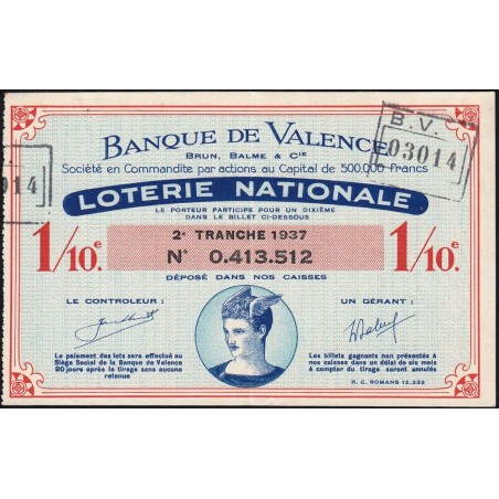 1937 - Loterie Nationale - 2e tranche - 1/10ème - Banque de Valence - Etat : TTB+