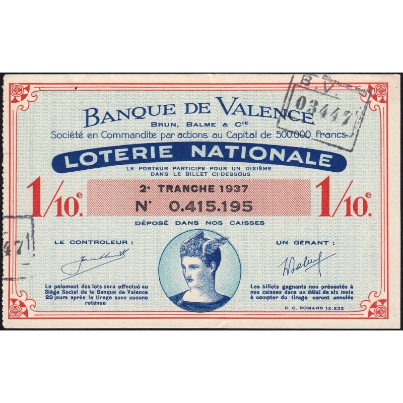 1937 - Loterie Nationale - 2e tranche - 1/10ème - Banque de Valence - Etat : TTB+
