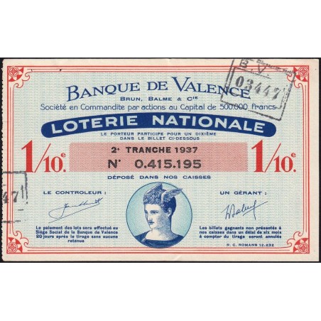 1937 - Loterie Nationale - 2e tranche - 1/10ème - Banque de Valence - Etat : TTB+
