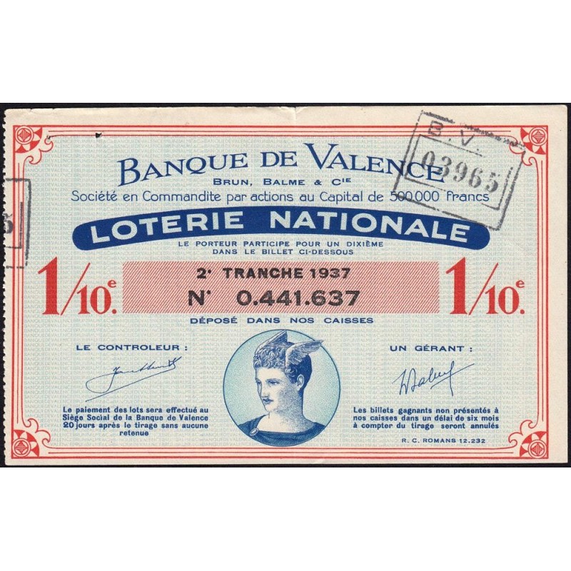 1937 - Loterie Nationale - 2e tranche - 1/10ème - Banque de Valence - Etat : TTB