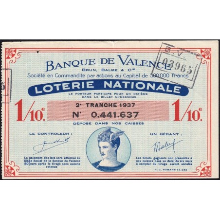 1937 - Loterie Nationale - 2e tranche - 1/10ème - Banque de Valence - Etat : TTB