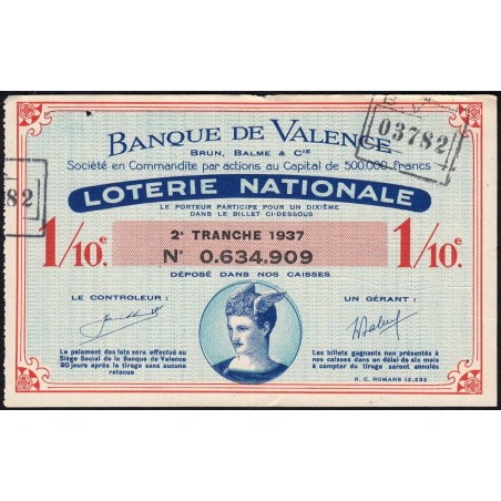 1937 - Loterie Nationale - 2e tranche - 1/10ème - Banque de Valence - Etat : TTB