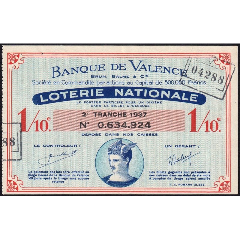 1937 - Loterie Nationale - 2e tranche - 1/10ème - Banque de Valence - Etat : TTB+
