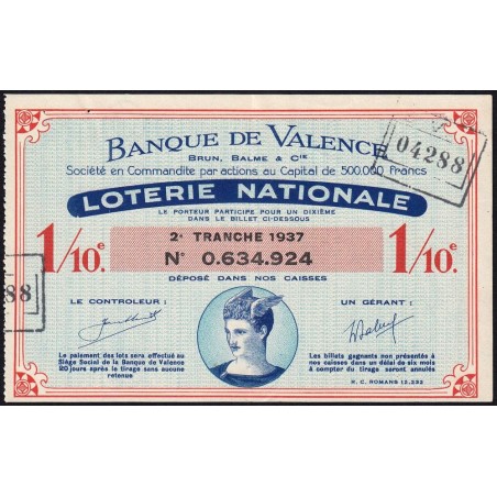 1937 - Loterie Nationale - 2e tranche - 1/10ème - Banque de Valence - Etat : TTB+