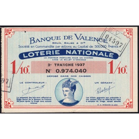 1937 - Loterie Nationale - 2e tranche - 1/10ème - Banque de Valence - Etat : TTB