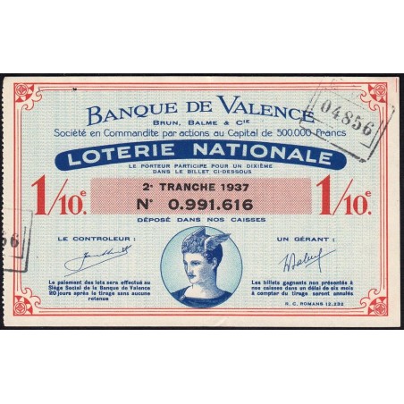 1937 - Loterie Nationale - 2e tranche - 1/10ème - Banque de Valence - Etat : TTB+