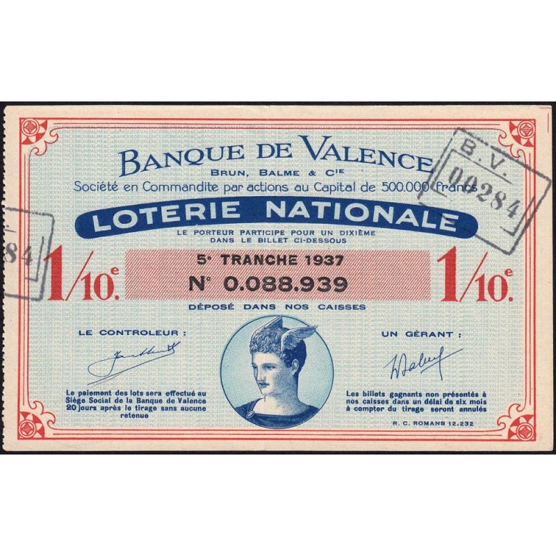 1937 - Loterie Nationale - 5e tranche - 1/10ème - Banque de Valence - Etat : TTB+