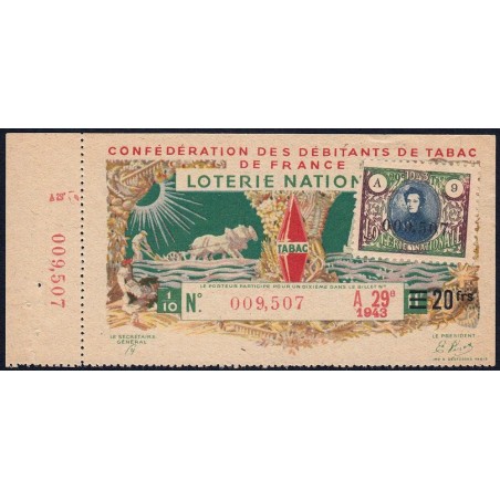 1943 - Loterie Nationale - 29e tranche A - 1/10ème - Débitants Tabac - Etat : TTB+