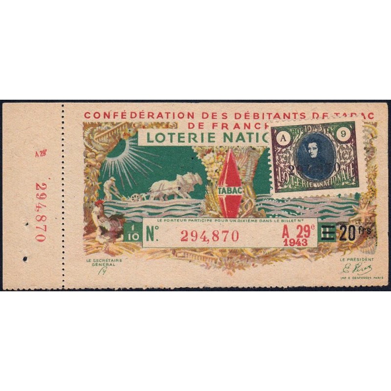 1943 - Loterie Nationale - 29e tranche A - 1/10ème - Débitants Tabac - Etat : TTB+
