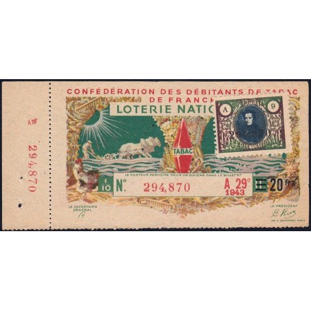 1943 - Loterie Nationale - 29e tranche A - 1/10ème - Débitants Tabac - Etat : TTB+