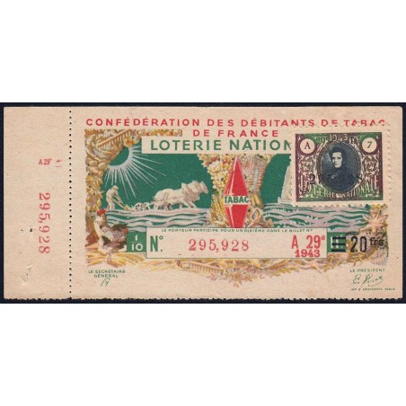 1943 - Loterie Nationale - 29e tranche A - 1/10ème - Débitants Tabac - Etat : TTB+