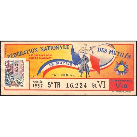 1957 - Loterie Nationale - 5e tranche Gr. VI - 1/10ème - Fédération des Mutilés - Etat : TTB