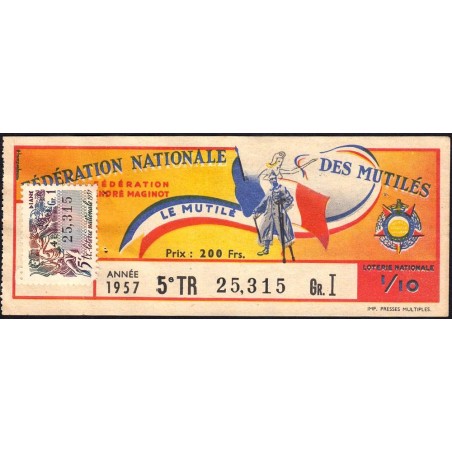 1957 - Loterie Nationale - 5e tranche Gr. I - 1/10ème - Fédération des Mutilés - Etat : TTB