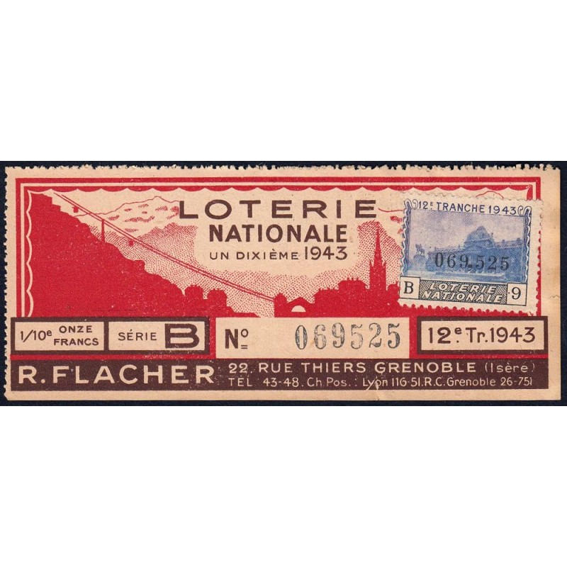 1943 - Loterie Nationale - 12e tranche B - 1/10ème - R. Flacher - Etat : TTB+