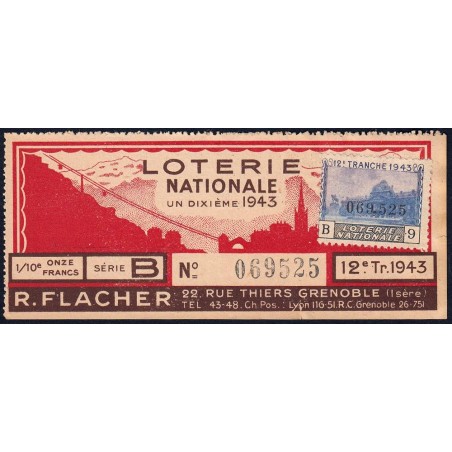 1943 - Loterie Nationale - 12e tranche B - 1/10ème - R. Flacher - Etat : TTB+