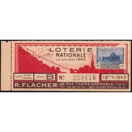 1943 - Loterie Nationale - 12e tranche B - 1/10ème - R. Flacher - Etat : TTB