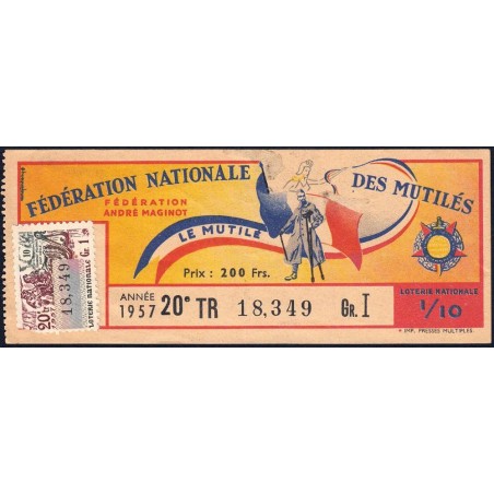 1957 - Loterie Nationale - 20e tranche Gr. I - 1/10ème - Fédération des Mutilés - Etat : TTB