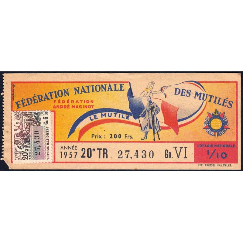1957 - Loterie Nationale - 20e tranche Gr. VI - 1/10ème - Fédération des Mutilés - Etat : TTB-