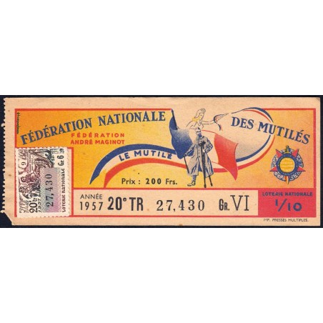 1957 - Loterie Nationale - 20e tranche Gr. VI - 1/10ème - Fédération des Mutilés - Etat : TTB-