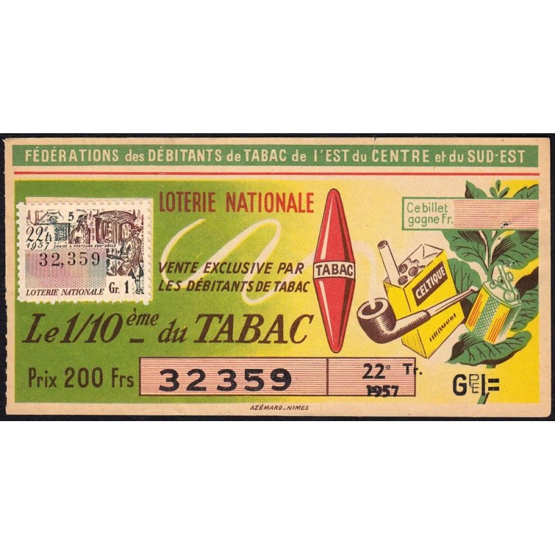 1957 - Loterie Nationale - 22e tranche Gr. I - 1/10ème - Débitants Tabac - Etat : TTB+