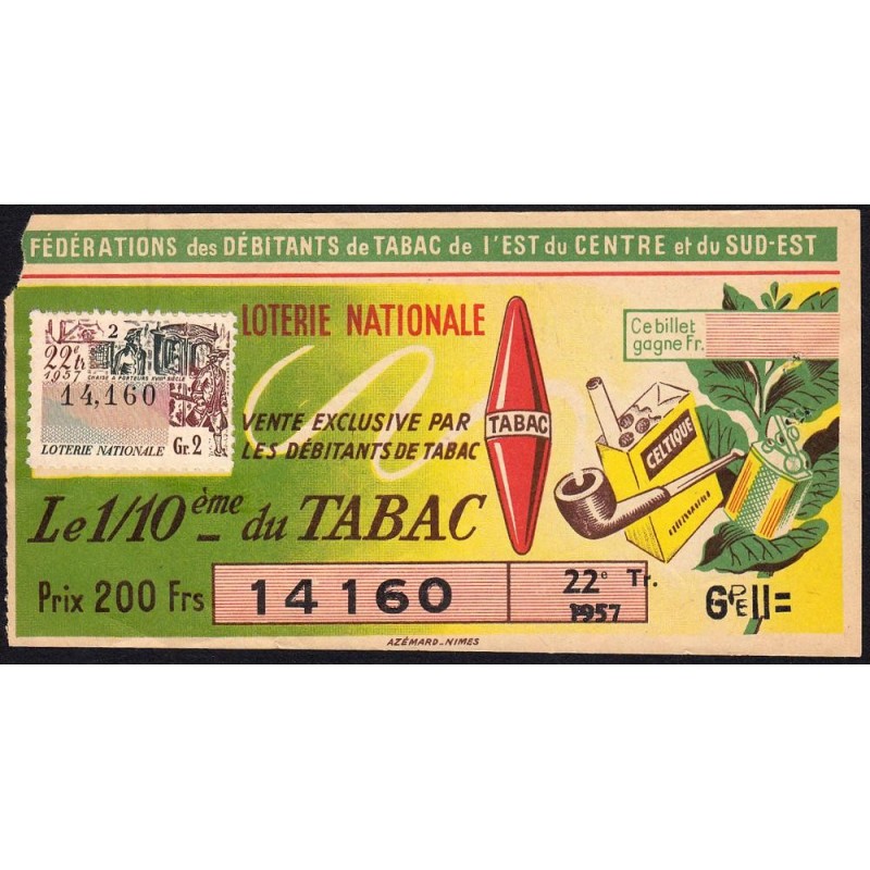 1957 - Loterie Nationale - 22e tranche Gr. II - 1/10ème - Débitants Tabac - Etat : TB+