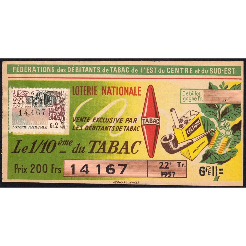 1957 - Loterie Nationale - 22e tranche Gr. II - 1/10ème - Débitants Tabac - Etat : TTB+