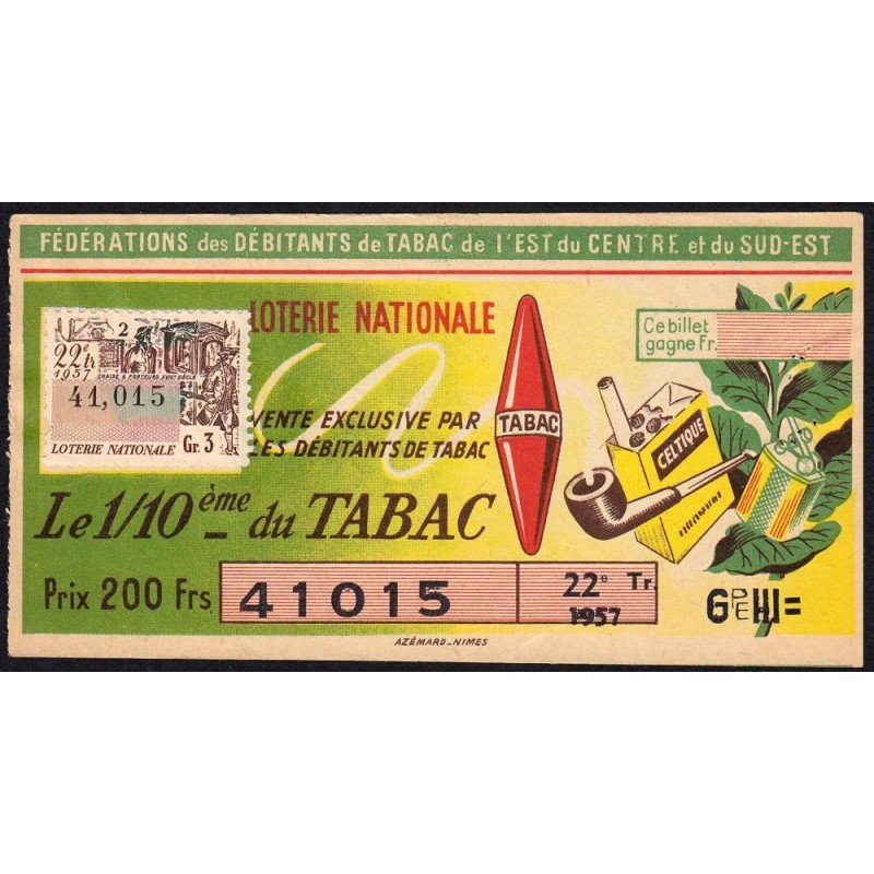 1957 - Loterie Nationale - 22e tranche Gr. III - 1/10ème - Débitants Tabac - Etat : TTB+