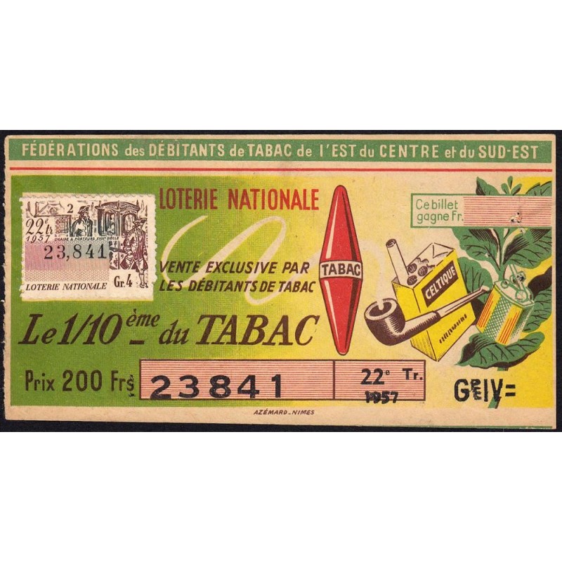 1957 - Loterie Nationale - 22e tranche Gr. IV - 1/10ème - Débitants Tabac - Etat : TTB+